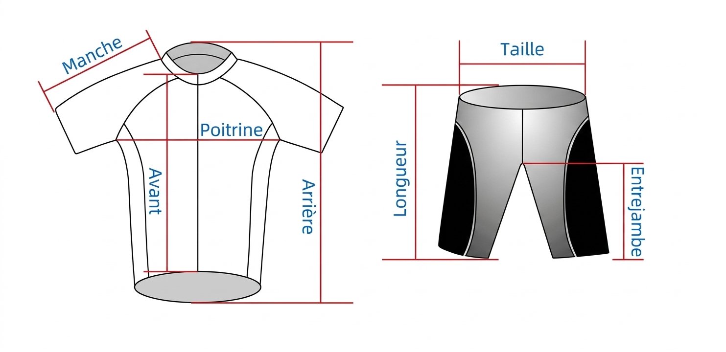 Schéma des mesures : maillot (manche, poitrine, avant, arrière) et cuissard (taille, longueur, entrejambe)
