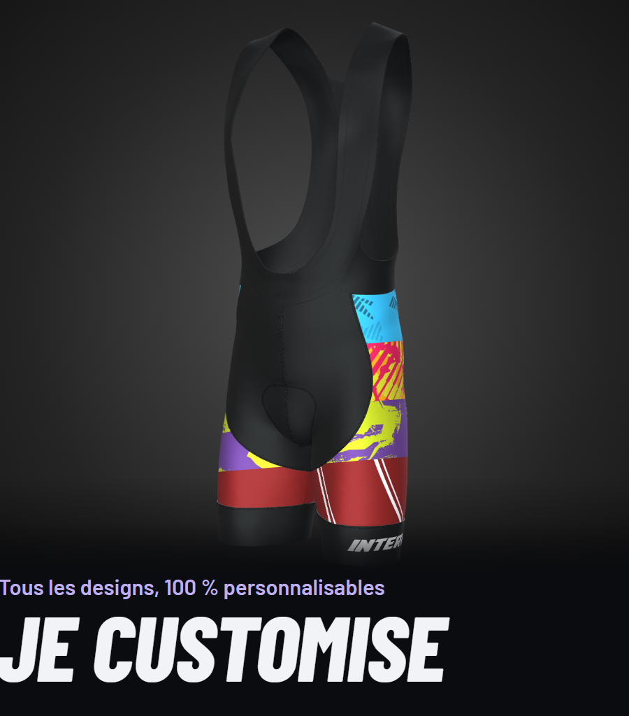 Cuissard de cyclisme à bretelles INTERBIKE découpé en bandes montrant quatre designs différents, avec le texte « Je customise »