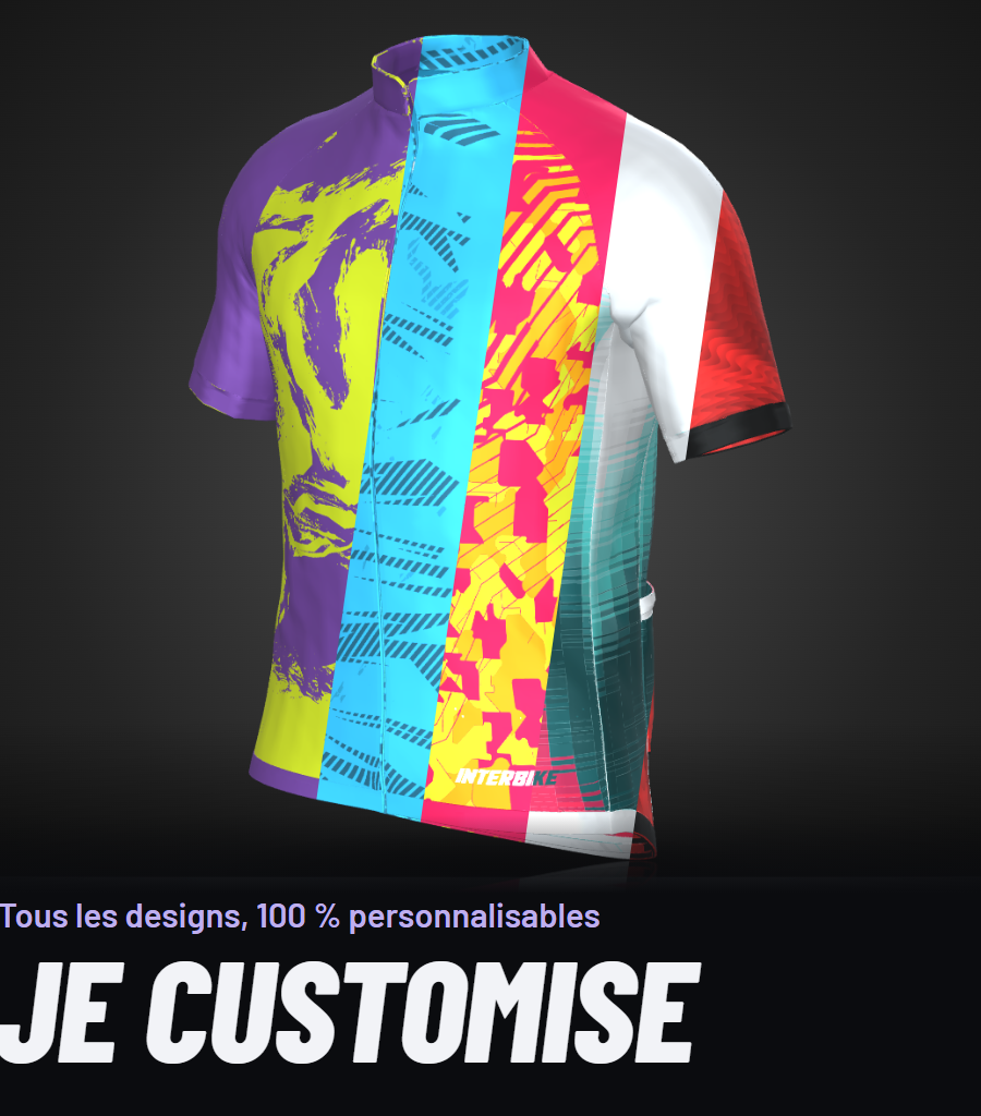 Maillot de cyclisme INTERBIKE découpé en bandes montrant cinq designs différents, avec le texte « Je customise »